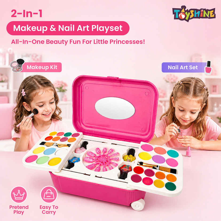 Toyshine 2-in-1 Cosmetic Makeup & Nail Art Kit with Trolley Bag for Kids | Age 3+ years