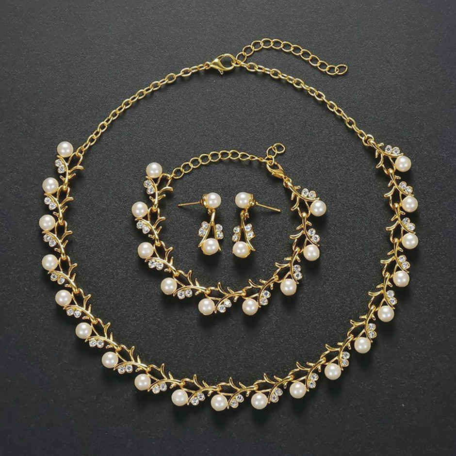 Shining Diva Fashion Gold Plated Pearl Necklace Earrings Bracelet Set for Women and Girls Sd10333s