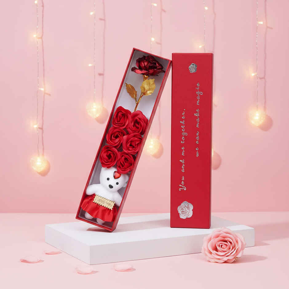 Red Rose and Teddy Gift Box | Ideal for Gifting | Perpetual Mart