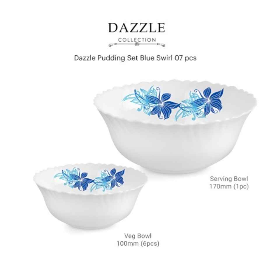 Cello Blue Swirl Dazzle Series Opalware Pudding Set Microwave & Dishwasher Safe Set Of 7 White