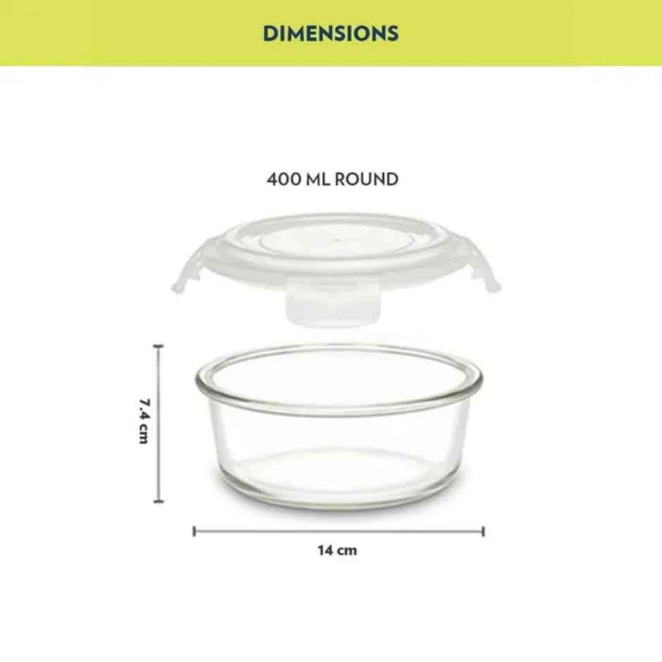 Borosil Alfa Lunchbox | 2 Pcs Glass Set | 400 ml x 2 Round | Vertical