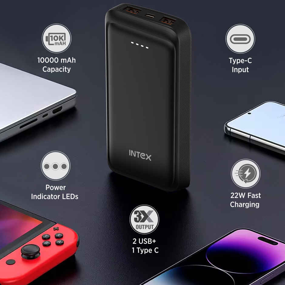 Intex 10000 mAh 22 W Wired Power Bank(Lithium Polymer, Fast Charging for Mobile) - Smokey Black