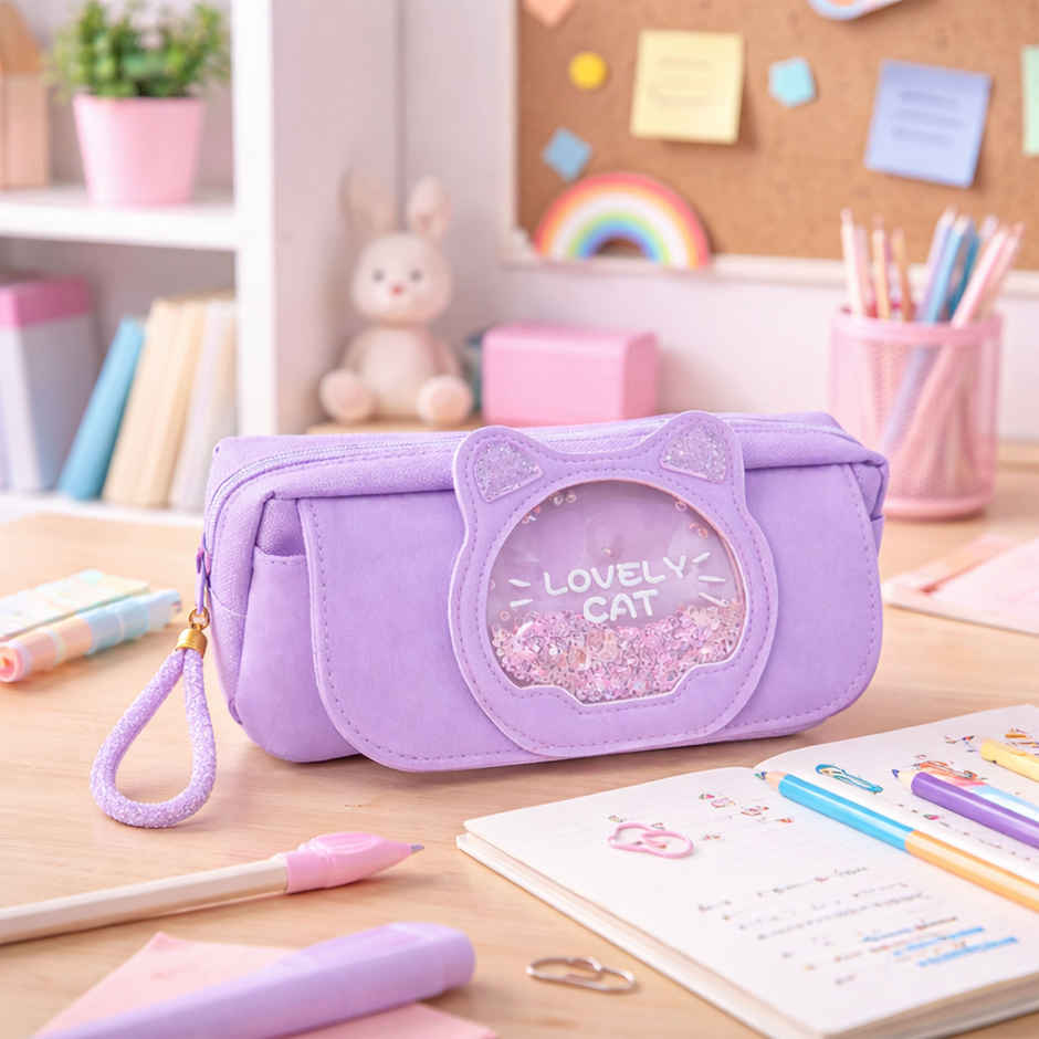 Toyshine Lovely Cat Pencil Pouch with Zipper Wrist Strap Glitter | Purple
