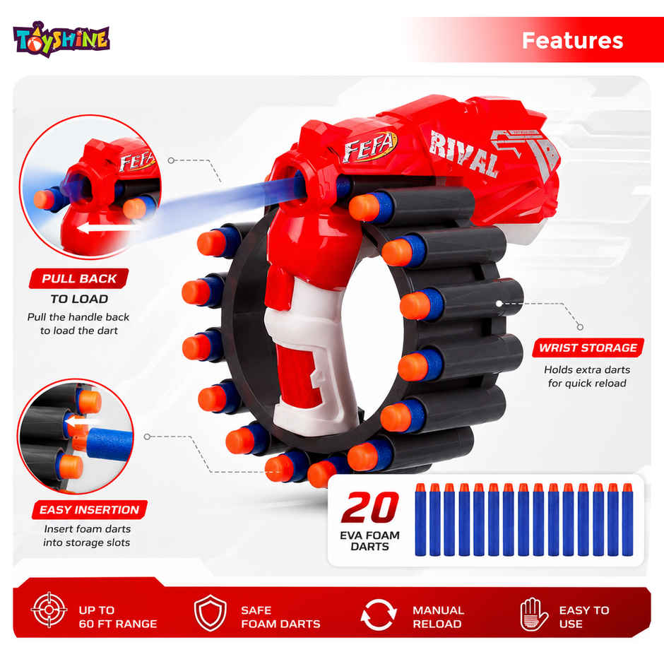 Toyshine Long Range 60ft Pull-Reload Foam Blaster with 20 EVA Bullets & Wrist Target | Toy Gun