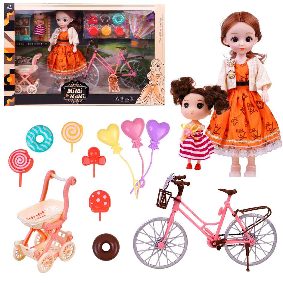 Toyshine Mimi and Mami Doll Play Set With Cycle and Stroller for Kids | Age 3 and Above
