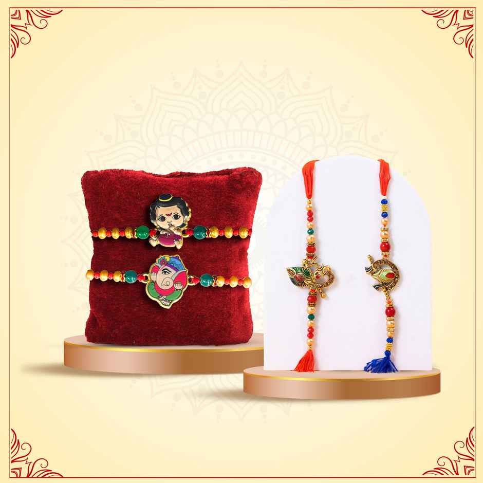 Tied Ribbons Krishna And Ganesha Rakhi For Kids With Roli Chawal (1pc) & Tied Ribbons Flute And Om Rakhi For Brother With Roli Chawal (1pc) Combo