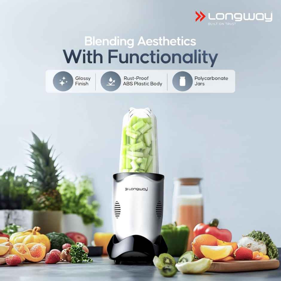Longway Nutri Power Mixer Grinder & Nutri Blender | 600 W | 22000RPM | 5Jars and SS Blades - Silver