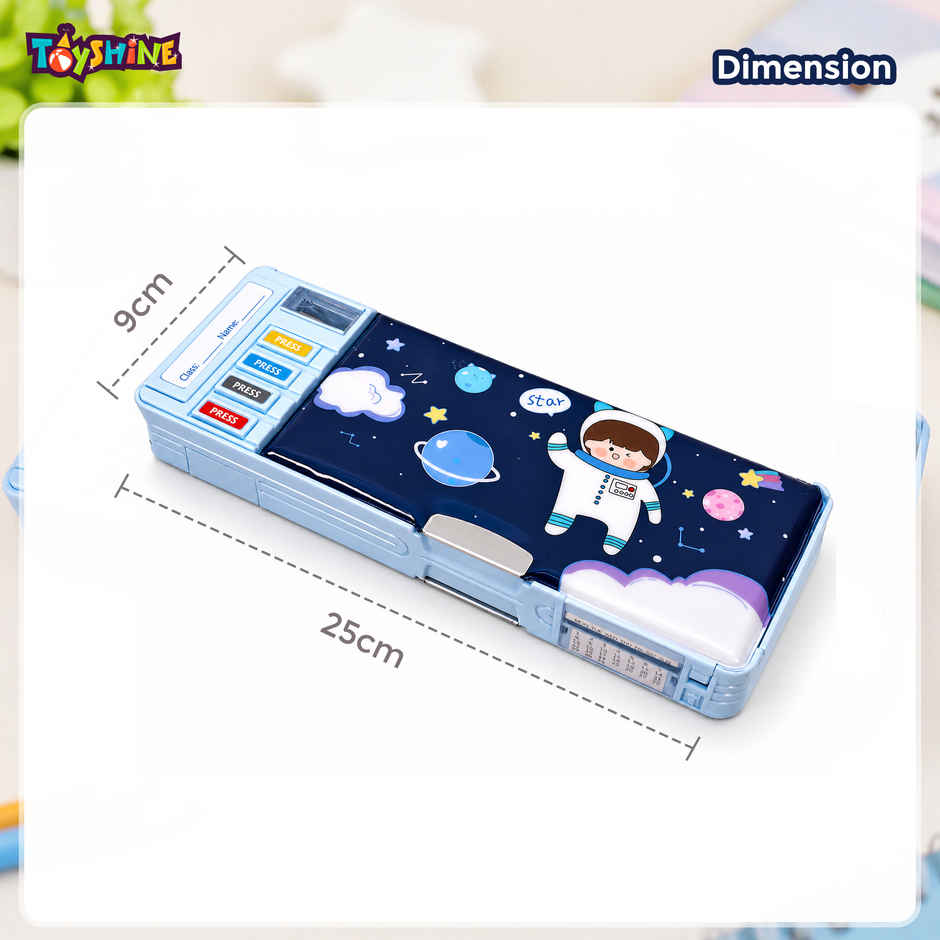 Toyshine Multi Compartment Button Operated Space Pencil Box with Pen Stand In-built For Kids - Blue
