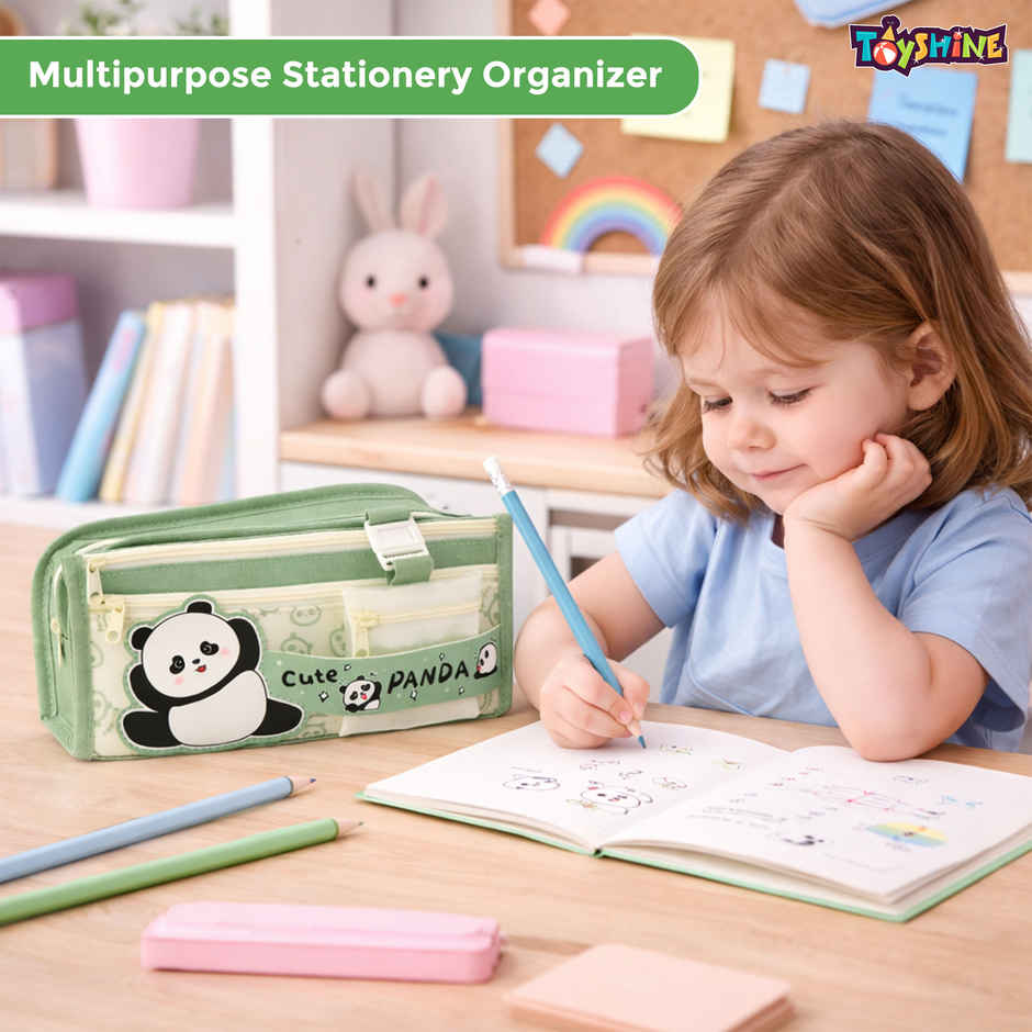 Toyshine Cute Panda three Compartment Pencil Pouch Large Capacity | Green