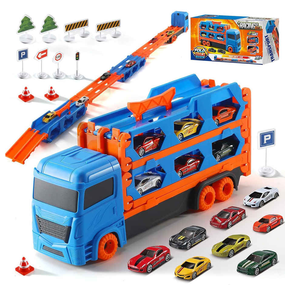 Toyshine Big Hauler Transport Truck with Foldable Race Track & 2 Diecast Cars for Kids