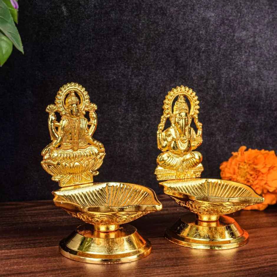 Metal Lakshmi Ganpati Diya | Gold | Traditional | Diya-Pooja | Satvik
