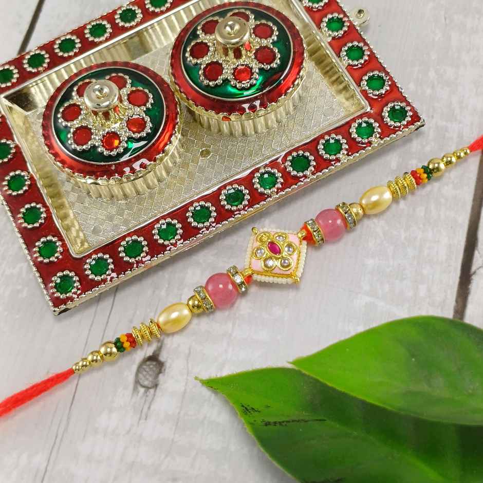 Gullak Beaded Kundan Pink Minakari Rakhi - Colorful and Artistic