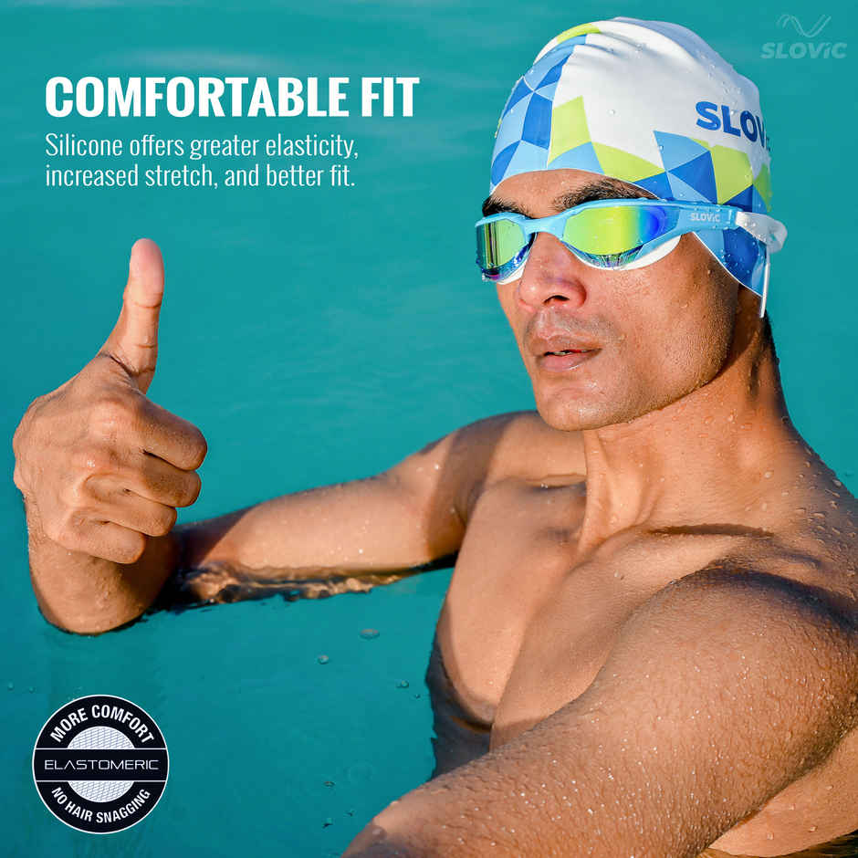 Slovic Adult Swimming Cap - White & Blue Pattern, Stretchable Waterproof Comfortable Fit