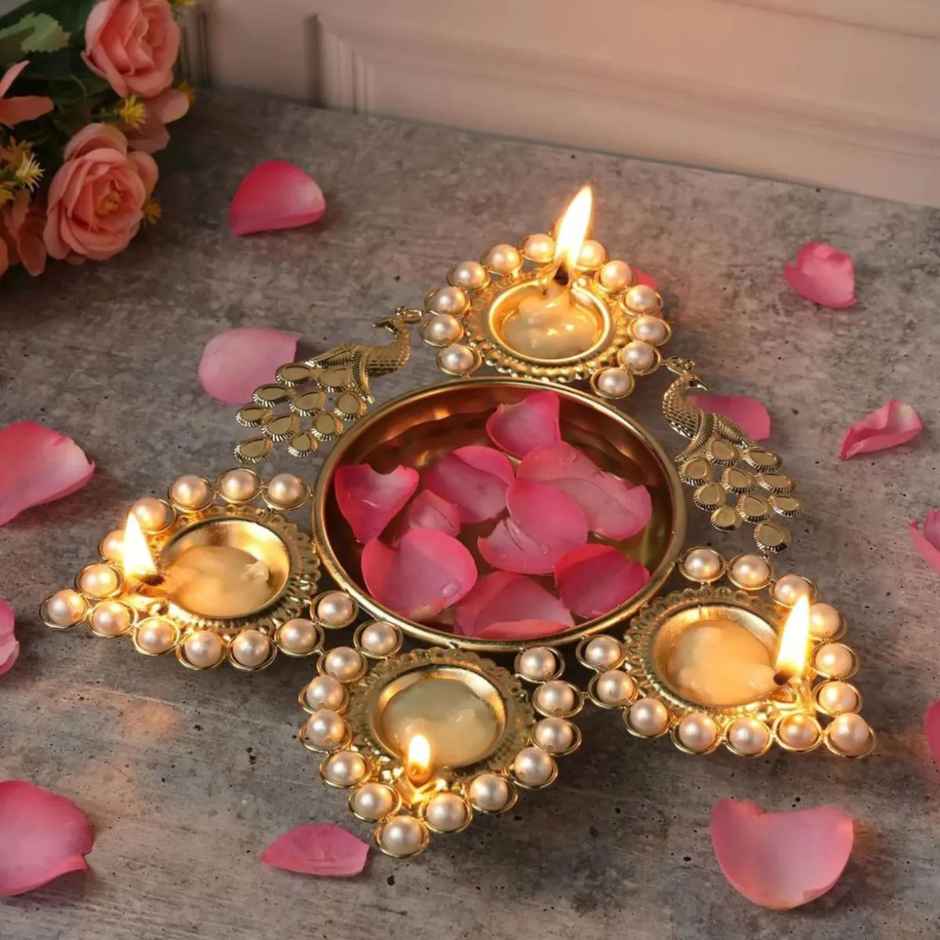 Peacock Pearl Diya Urli bowl for Home Decor | 12 inch | Urban Born