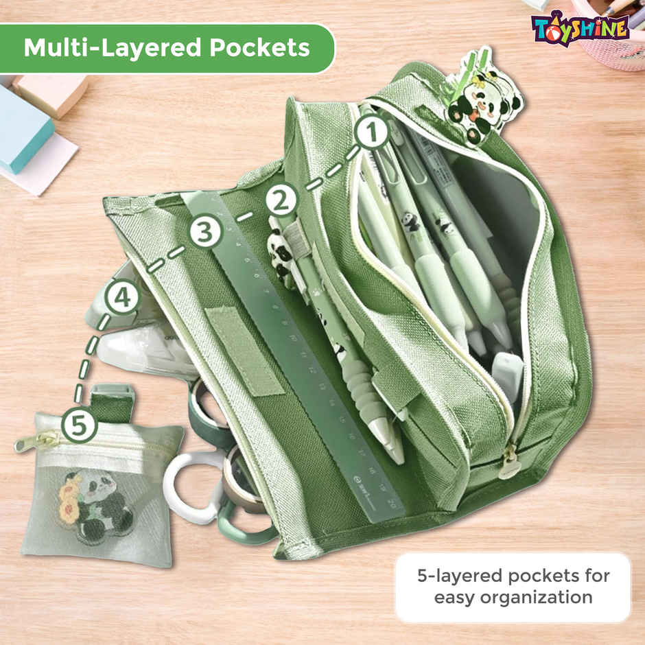 Toyshine Cute Panda Multi Compartment Pencil Pouch Large Capacity | Green