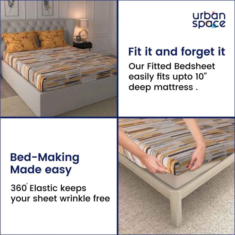 Urban Space 144 TC 100% Cotton Double Bedsheet with 2 Pillow Covers - Stripe Mustard