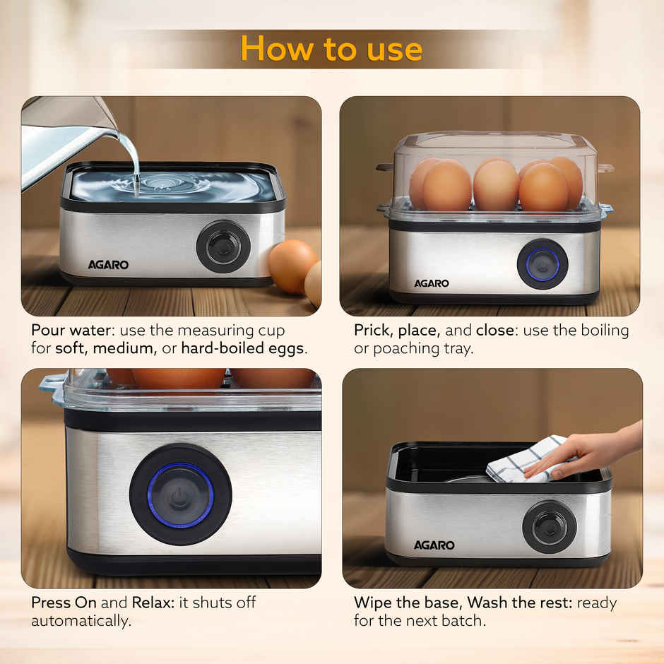 Agaro Grand Egg Boiler And Poacher, 500W, 2-in1 Boils 8 Eggs, Poach 4 Eggs, Steamed Vegetables, 3 Boiling Modes, Stainless Steel Body - Silver