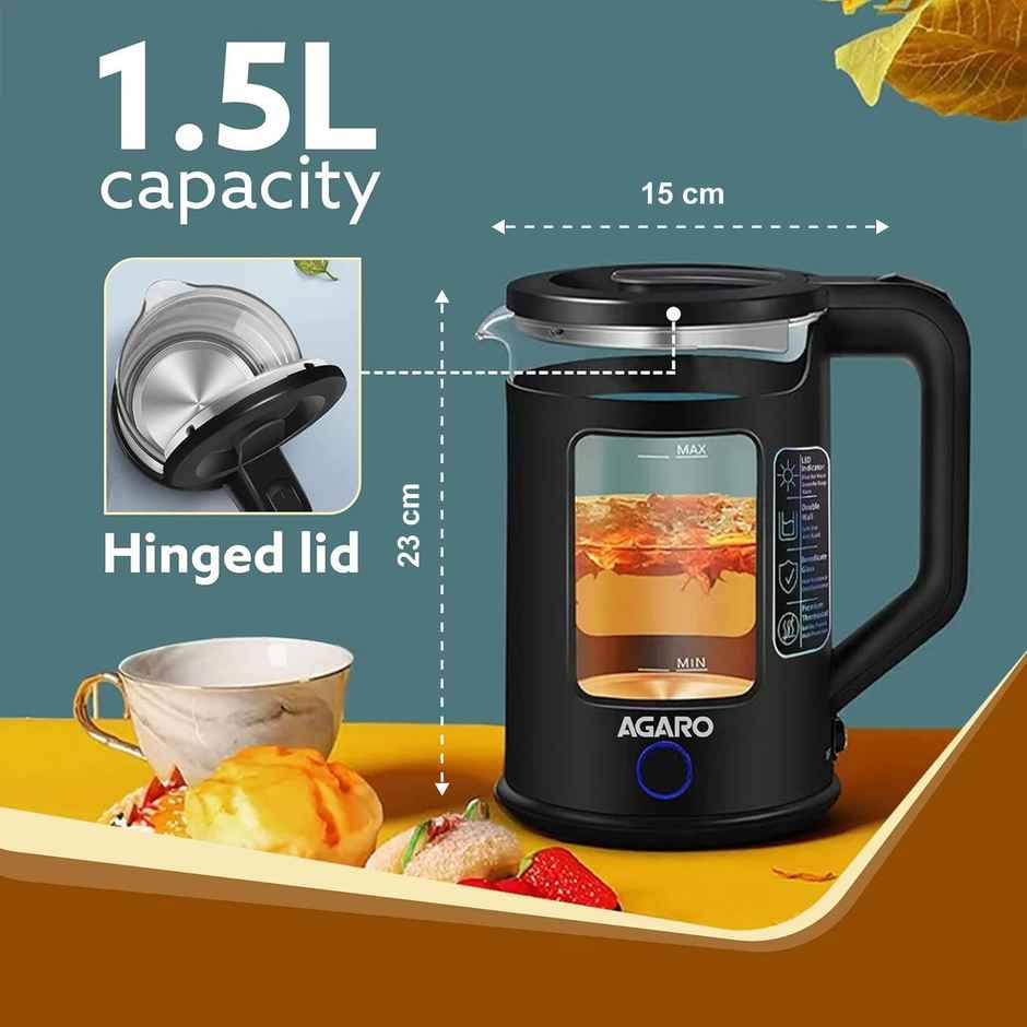 Agaro Galaxy Electric Kettle With Keep Warm Function Free Pp Plastic & Glass Body Bicolor Led, 1.5L