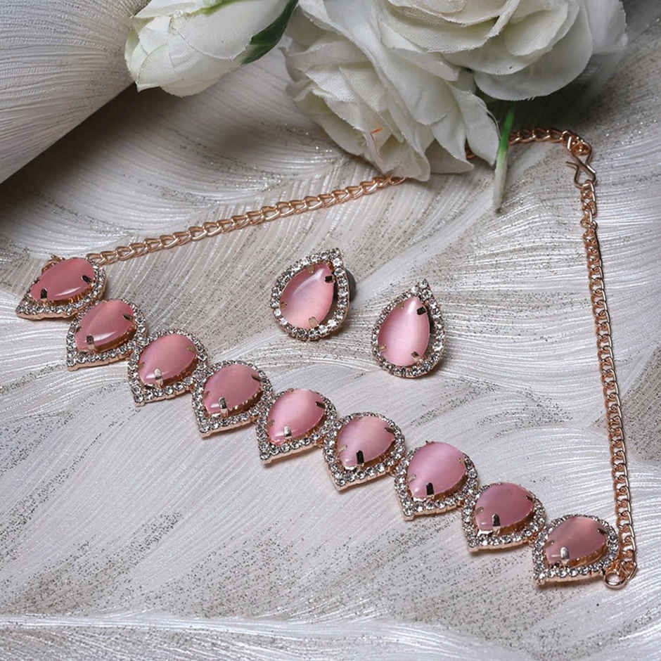 Sukkhi Elaborate Gold-Plated With Ad Pink Stones Collar Bone Necklace Set