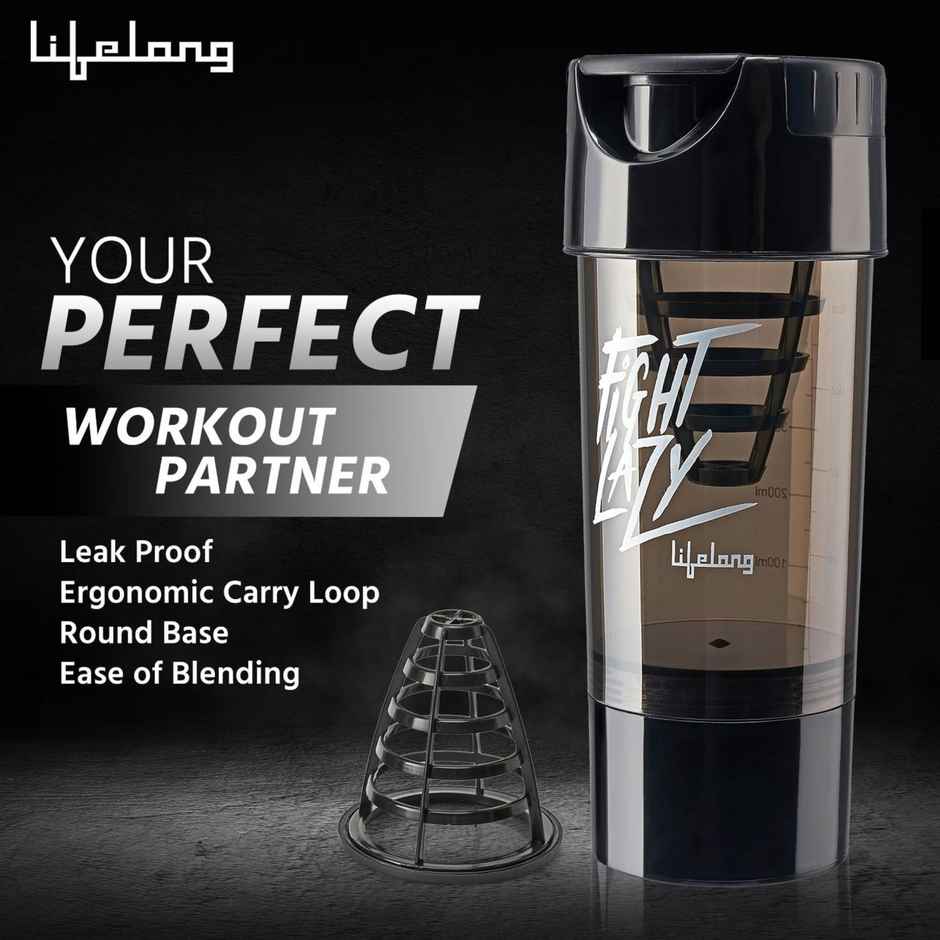 Lifelong Gym Shaker Bottle with Storage Compartment | Black | 500 ml