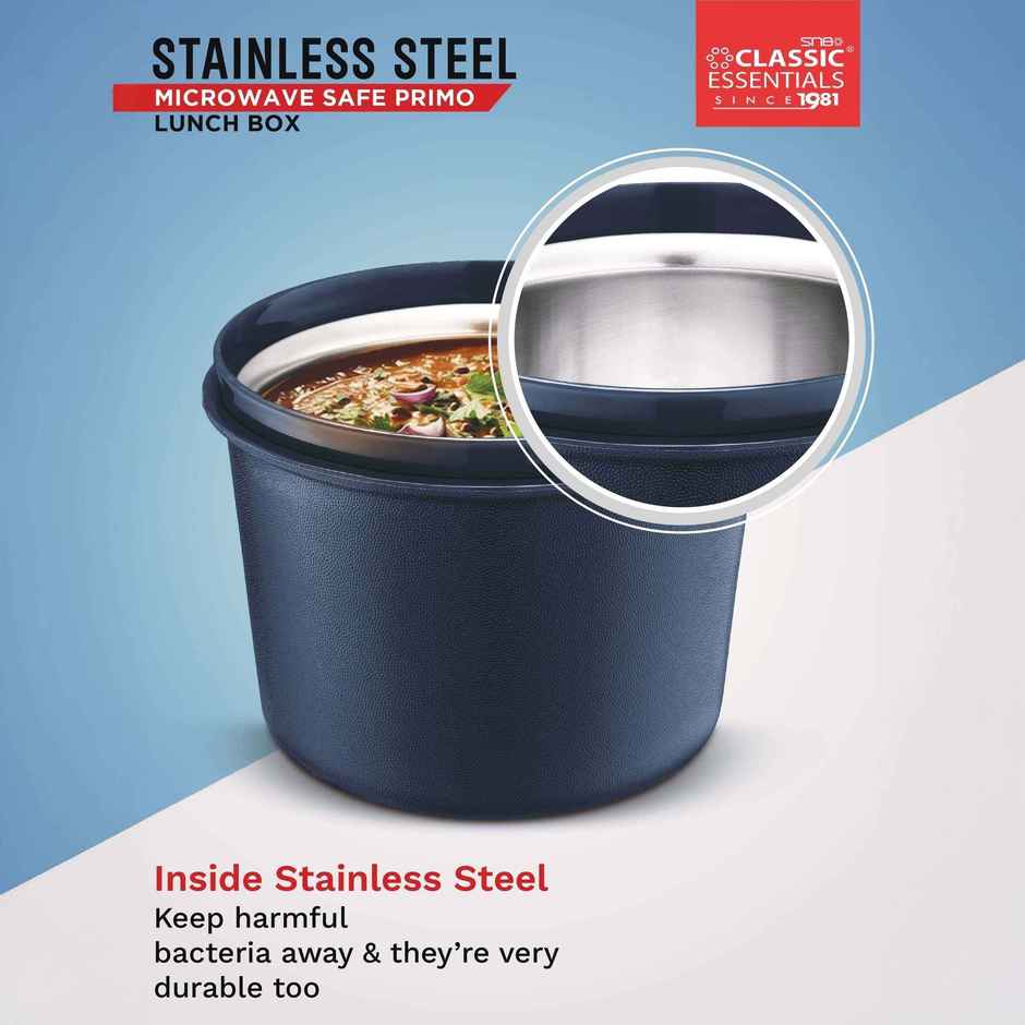 Classic Essentials Microwave Safe Insulated Leak Proof 3 Containers Lunch Box 1250 ml Blue