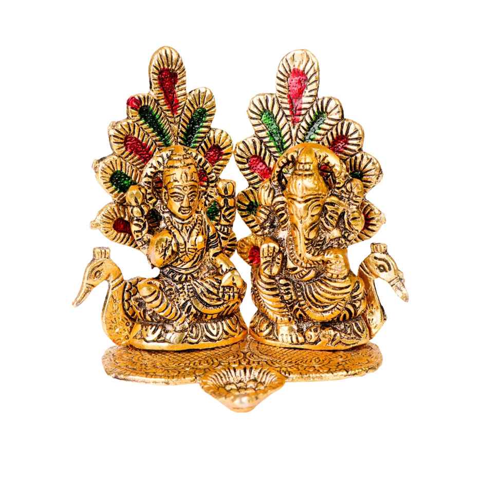 Diya Laxmi Ganesh With Meenakari Stonework | Golden | Metal | Diya-Pooja | Devnidhi