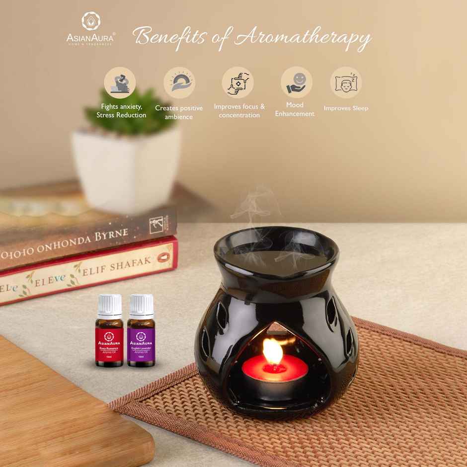 Asian Aura Candle Diffuser Oil Burner with Lavender & Rosy Romance Oils | 10 ml Each + Tea Light
