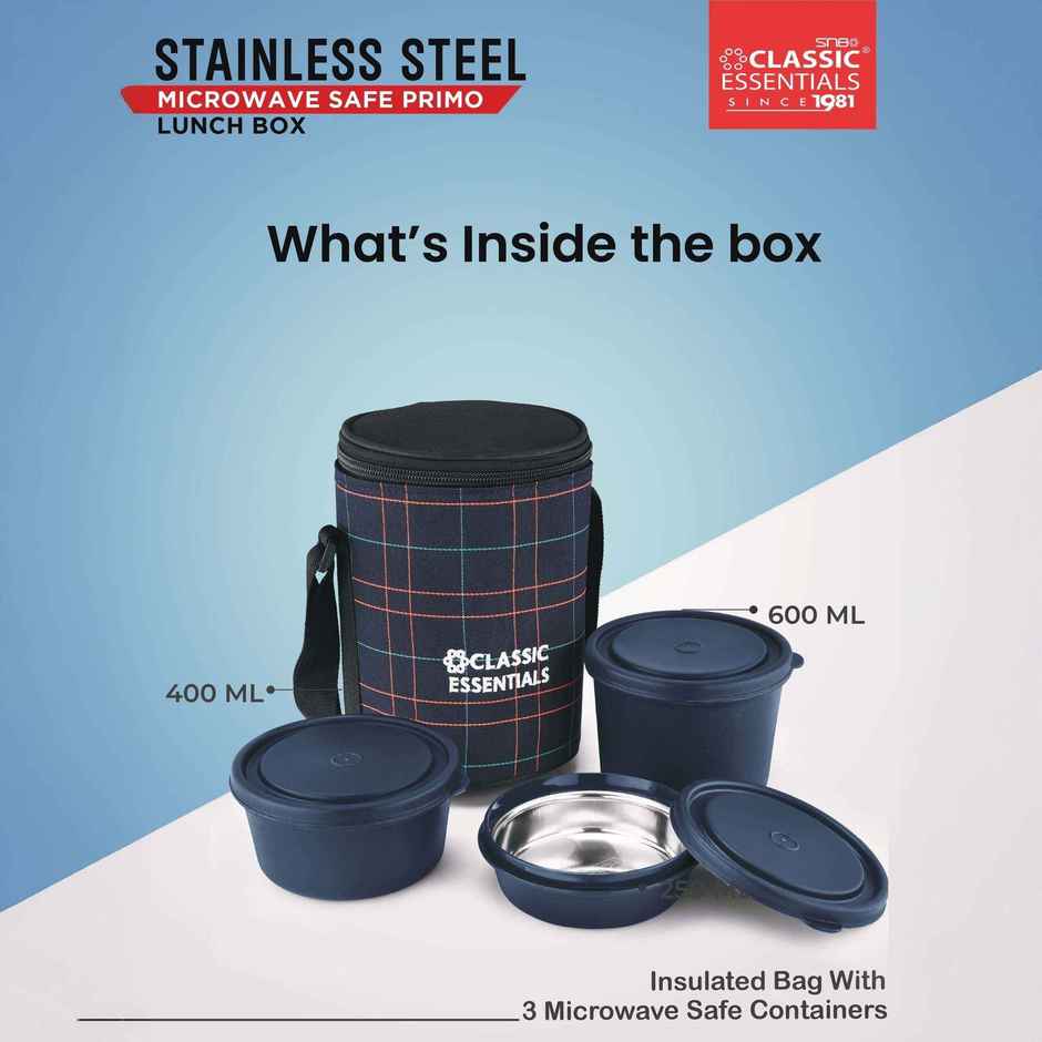 Classic Essentials Microwave Safe Insulated Leak Proof 3 Containers Lunch Box 1250 ml Blue