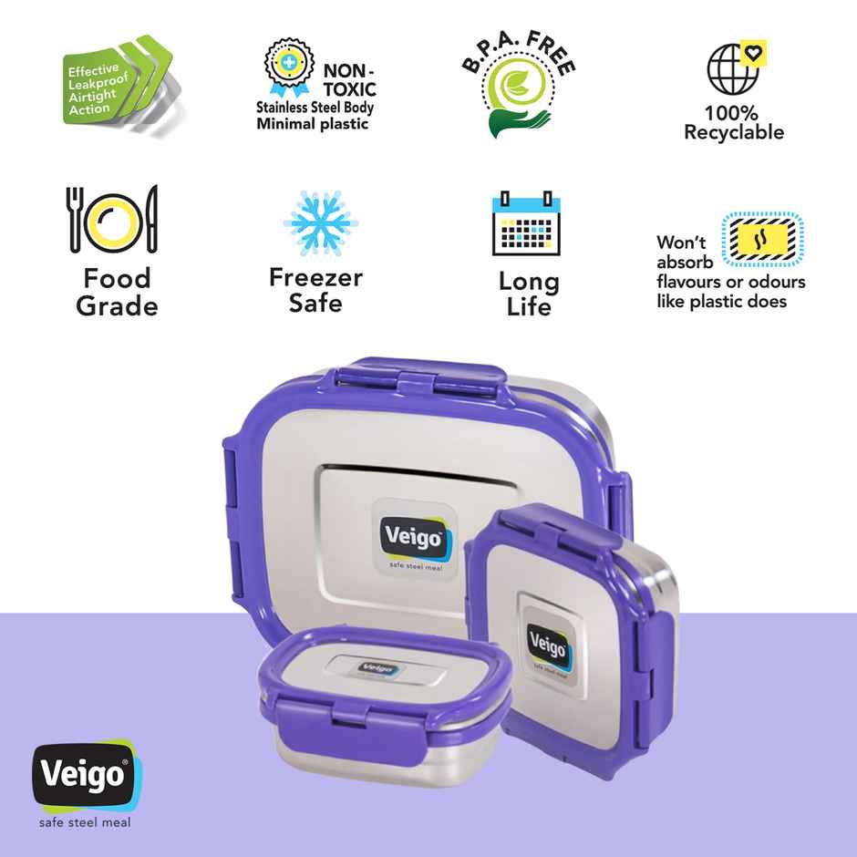 Veigo Celebration Set With Ready To Gift Package - Leak Proof Steel Tiffins (630+330+180 ml) Violet