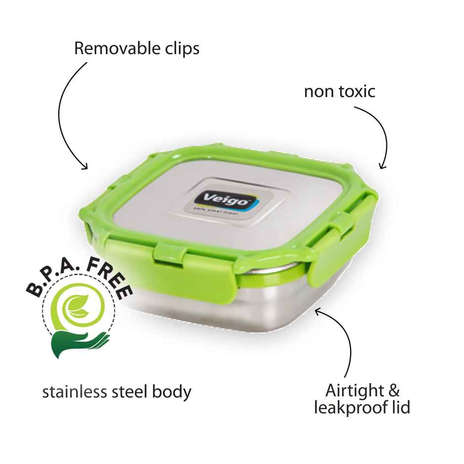 Veigo Medium Stainless Steel Leakproof Snack+Tiffin Box (330 ml) Office,Home,School - Green