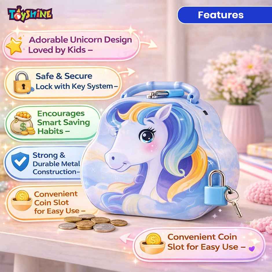 Toyshine Unicorn Metal Piggy Bank Lock and Key Kids Savings Box | Blue