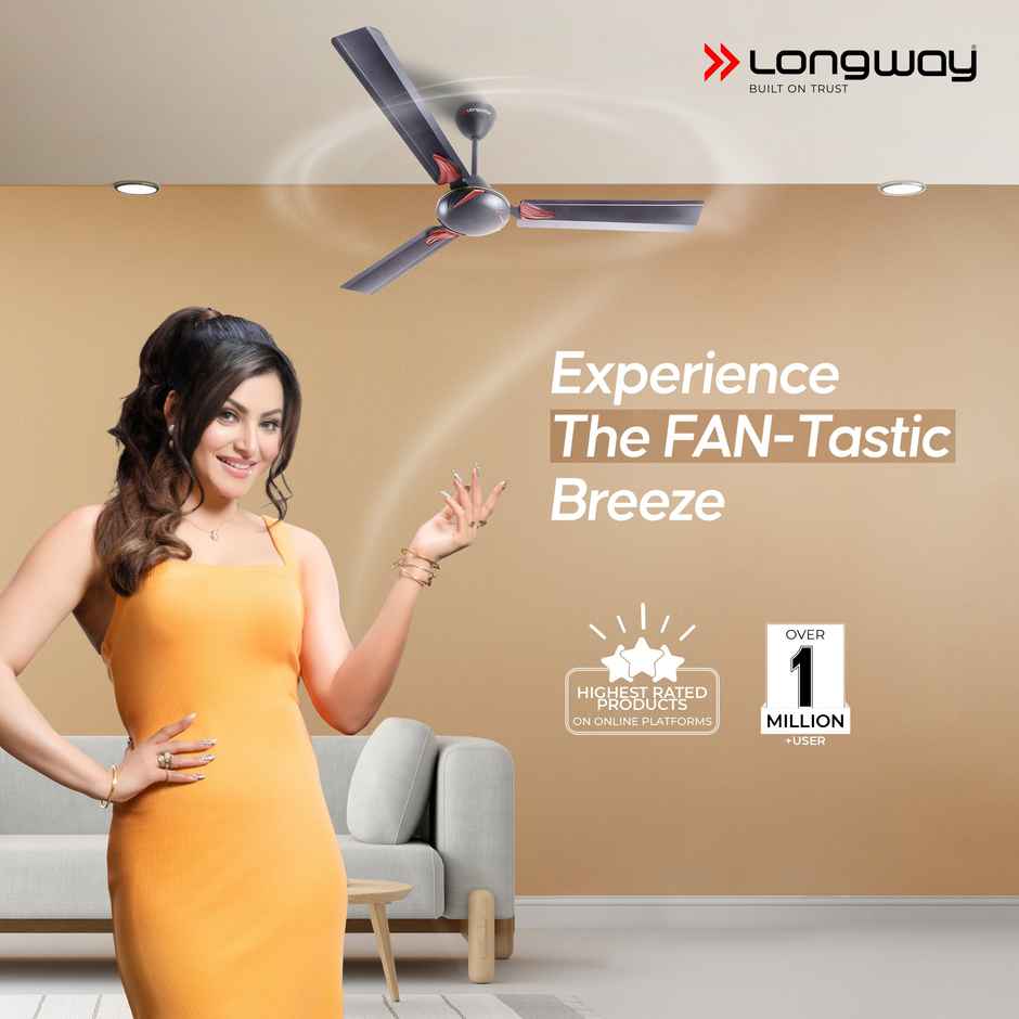 LONGWAY Creta P1 50W Ceiling Fan, 1200mm/48 inch, Ultra High Speed, Anti-Dust, Star Rated - Smoked Brown