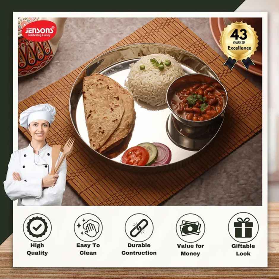 Jensons Stainless Steel Dinner Plate Set (4 Pcs) | 26cm each Thali | Food Grade | Heavy Duty