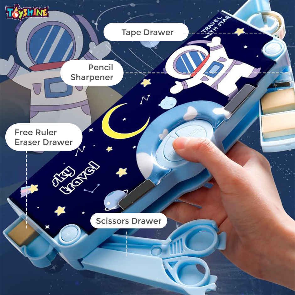 Toyshine Button Enabled Double Compartment Pencil Box-Storages and Sharpner For Kids - Space Blue