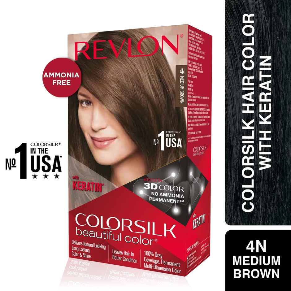 Revlon ColorSilk Hair Color with Keratin - 4N Medium Brown - (with Outrageous Shampoo 90 ml)