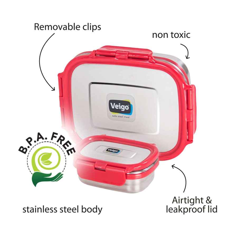 Veigo Large W/Veg Box Stainless Steel Leak Proof Tiffin Box (630+180 ml) For School,Office - Red
