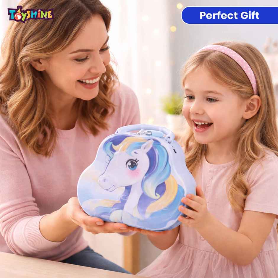 Toyshine Unicorn Metal Piggy Bank Lock and Key Kids Savings Box | Blue