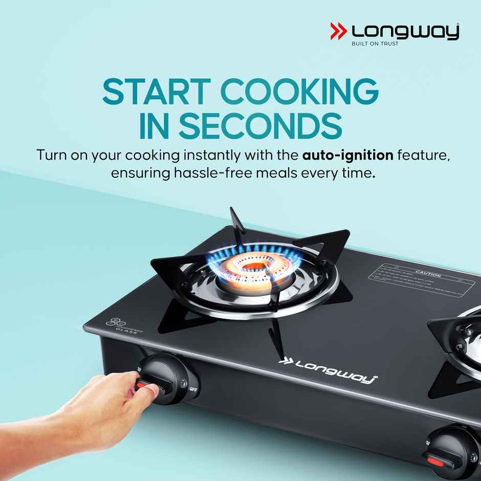 Longway 2 Burner Furn Glass Top | Auto Ignition Glass Gas Stove | ISI Certified | Black