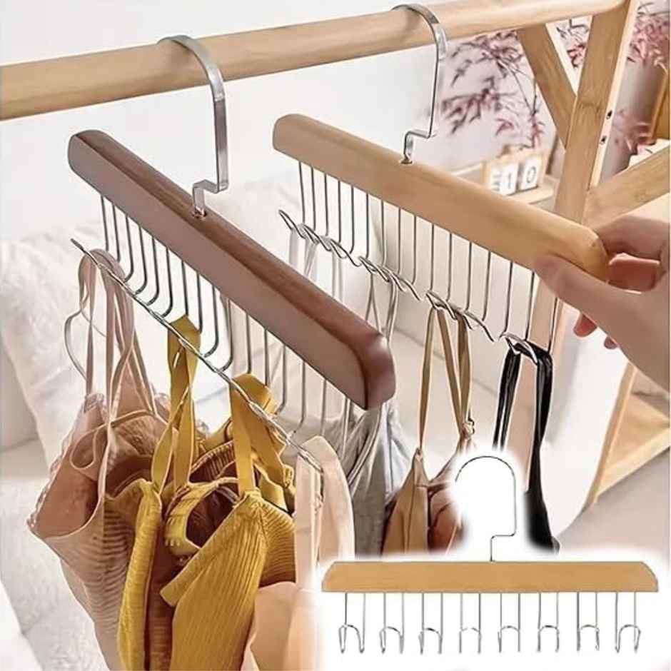 Perpetual Wooden Hangers | Adjustable 8-Hook Wardrobe Hanger for Accessories | Pack of 4