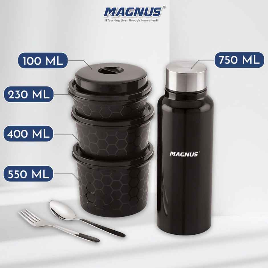 Magnus Microwave Eva 5 Lunch Box ( Black ) - 3 Containers, 1 Small Box, 1 Bottle, Cutlery Stainless