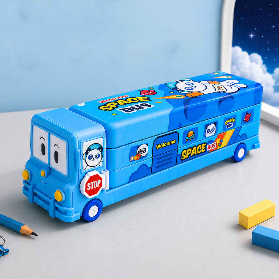 Toyshine Cartoon Printed School Bus Metal Pencil Box With Moving Tyres And Sharpener For Kids - Blue