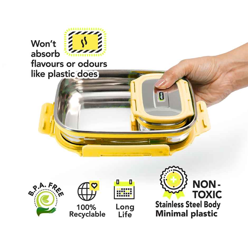Veigo Jumbo W/veg Box- Stainless Steel Leakproof Lunch | 950+180 ml for School | Pack of 2 - Yellow