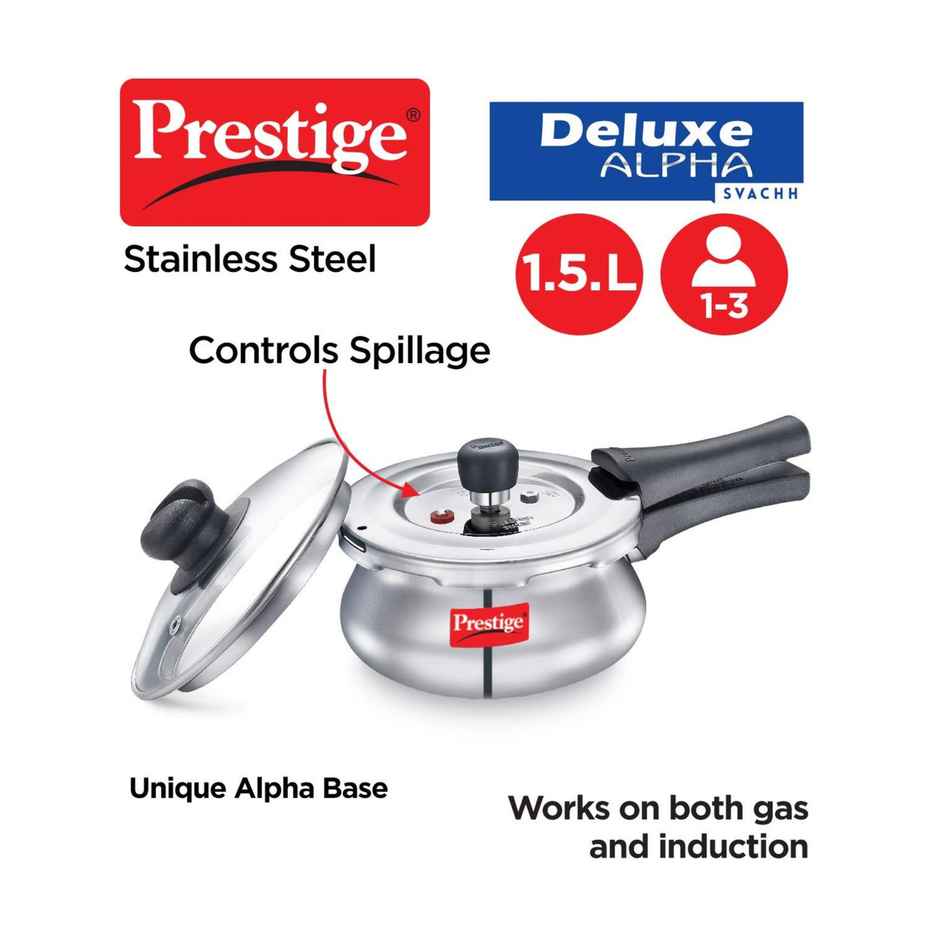 Prestige Deluxe Alpha Svachh Steel Spillage Control Handi Pressure Cooker Glass Lid 1.5 L Silver