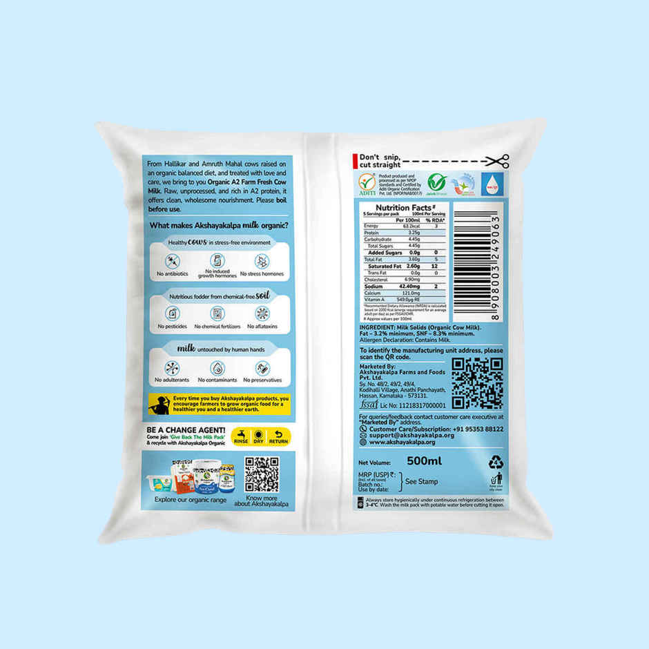 Akshayakalpa Amrutha - A2 Farm Organic Cow Fresh Milk | Pouch