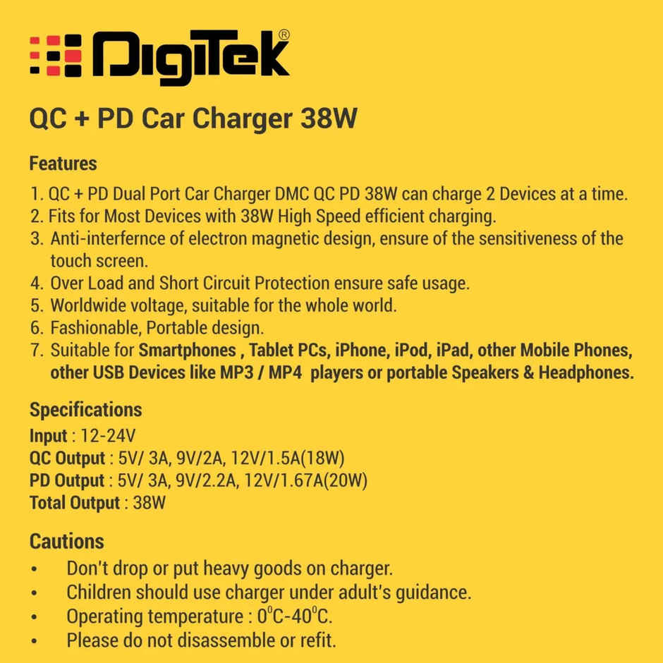Digitek (Dmc Qc Pd 38W) Fast Car Charger With Dual 38 Watts Total (18W Qc + 20W Type C Pd) (Black)