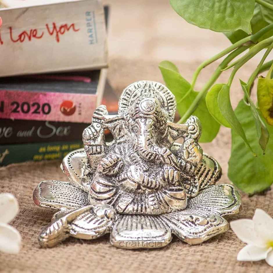Ganesh Ji Silver Plated Idol on Flower | Devnidhi