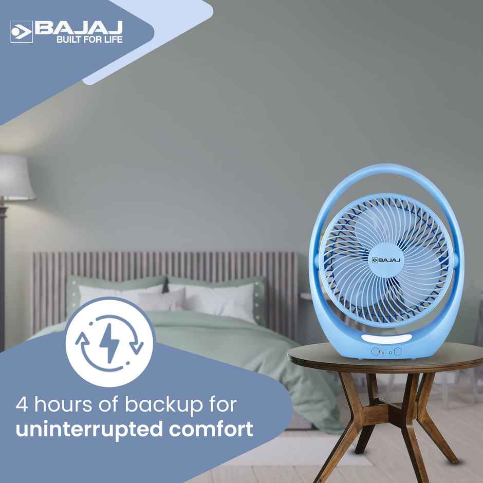 Bajaj Pygmy Go Mini Fan with LED Lighting, 178MM, Rechargeable, USB Charging, 4-hours Battery Backup, 3 Speed, 2-Light Brightness Setting - Blue