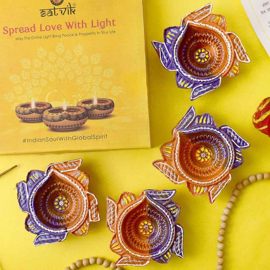 Designer Multicolor Clay Diya | Pack of 4 | Satvik