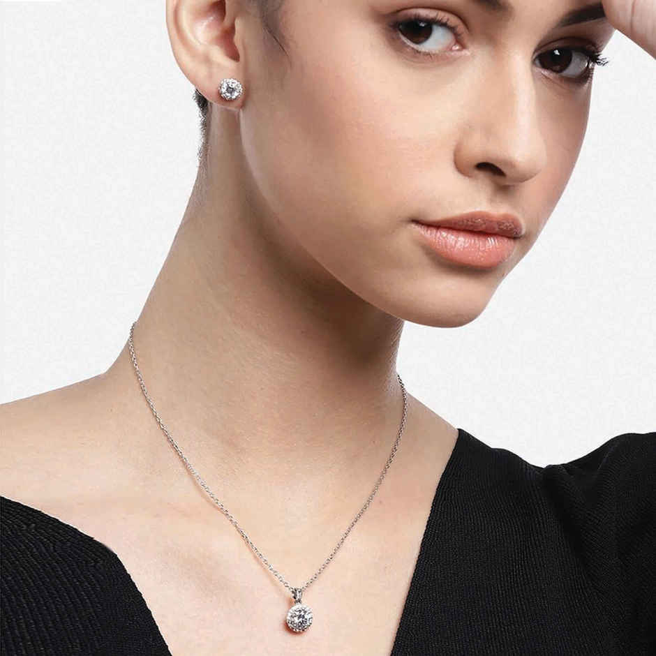 Carlton London Rhodium Plated with CZ Necklace and Earring Set | FJS3472