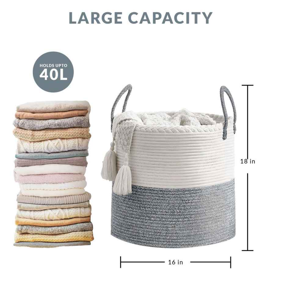 PrettyKrafts Jute Basket | Organizer for Toys, Laundry, Clothes & Planter Use - White Grey